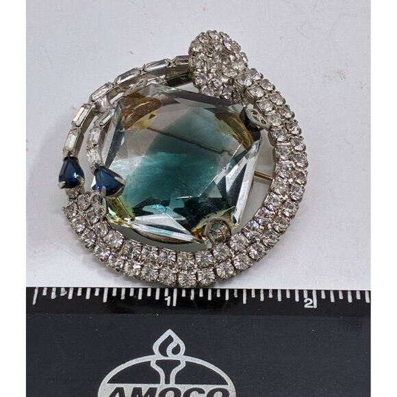 Vintage Blue Gray Large Glass Stone and Rhinestone Brooch & Clip-On Earrings Set - Picture 2 of 5